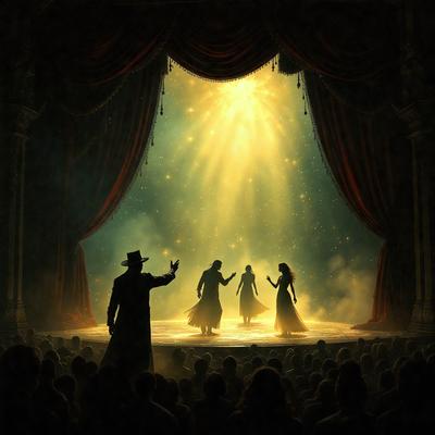 The primary subject of the image is a group of people performing on stage in front of a curtain. They are dressed in costumes and appear to be dancing or singing. The setting is a theater, with the stage being the main focus of the scene. The visual style is a black and white drawing, giving the image a classic and timeless feel. The dominant colors are black and white, with the stage lights and costumes adding a touch of color to the scene. The overall atmosphere is one of entertainment and artistic expression.
